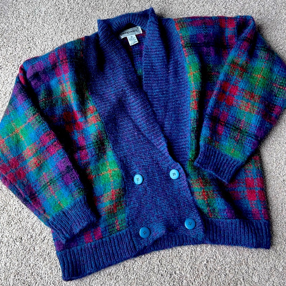 Vintage Lord Isaacs Plaid Button Front Long Sleeve Fuzzy Wool Blend Cardigan Med